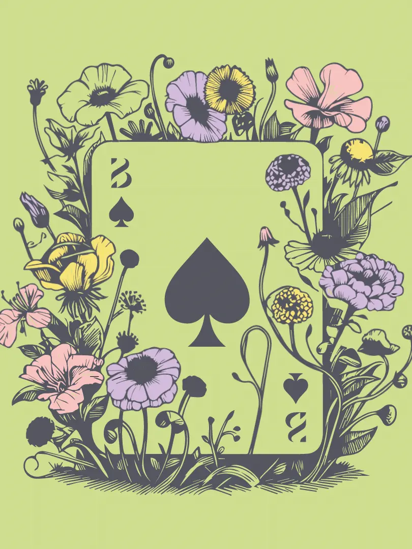 An illustration of a playing card surrounded by flowers